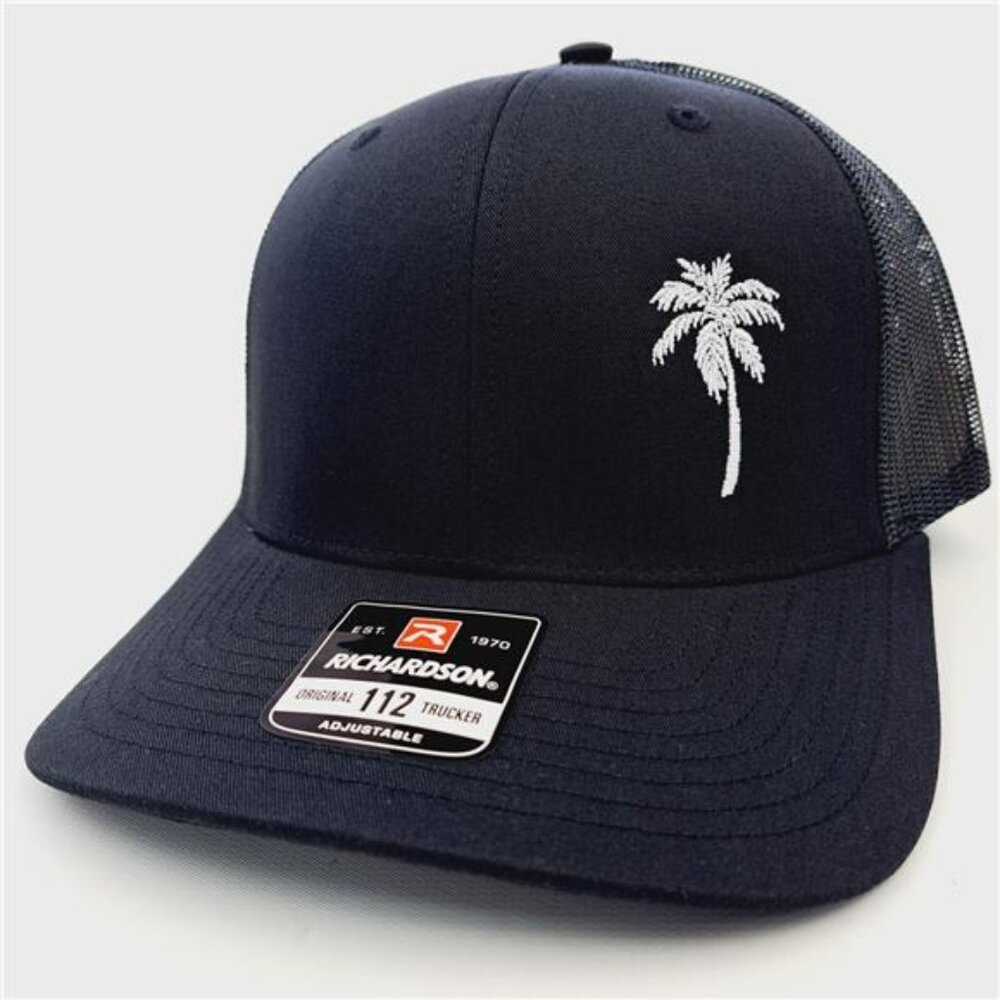 Tropical Palm Tree Florida Richardson 112 Trucker Cap Hat Mesh Black Embroidered
